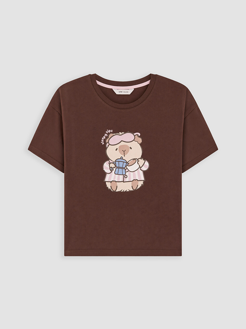 Kahverengi Bisiklet Yaka Baskılı Kadın Pijama Üst