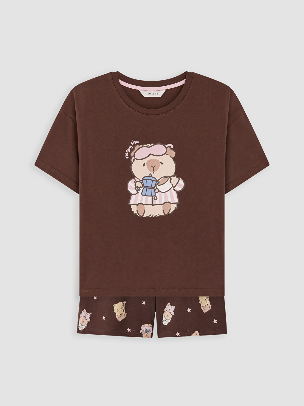 Kahverengi Baskılı %100 Pamuklu Kadın Şortlu Pijama Takımı