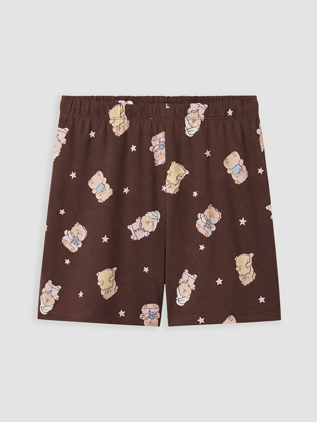 Kahverengi Baskılı %100 Pamuklu Kadın Şortlu Pijama Takımı-4