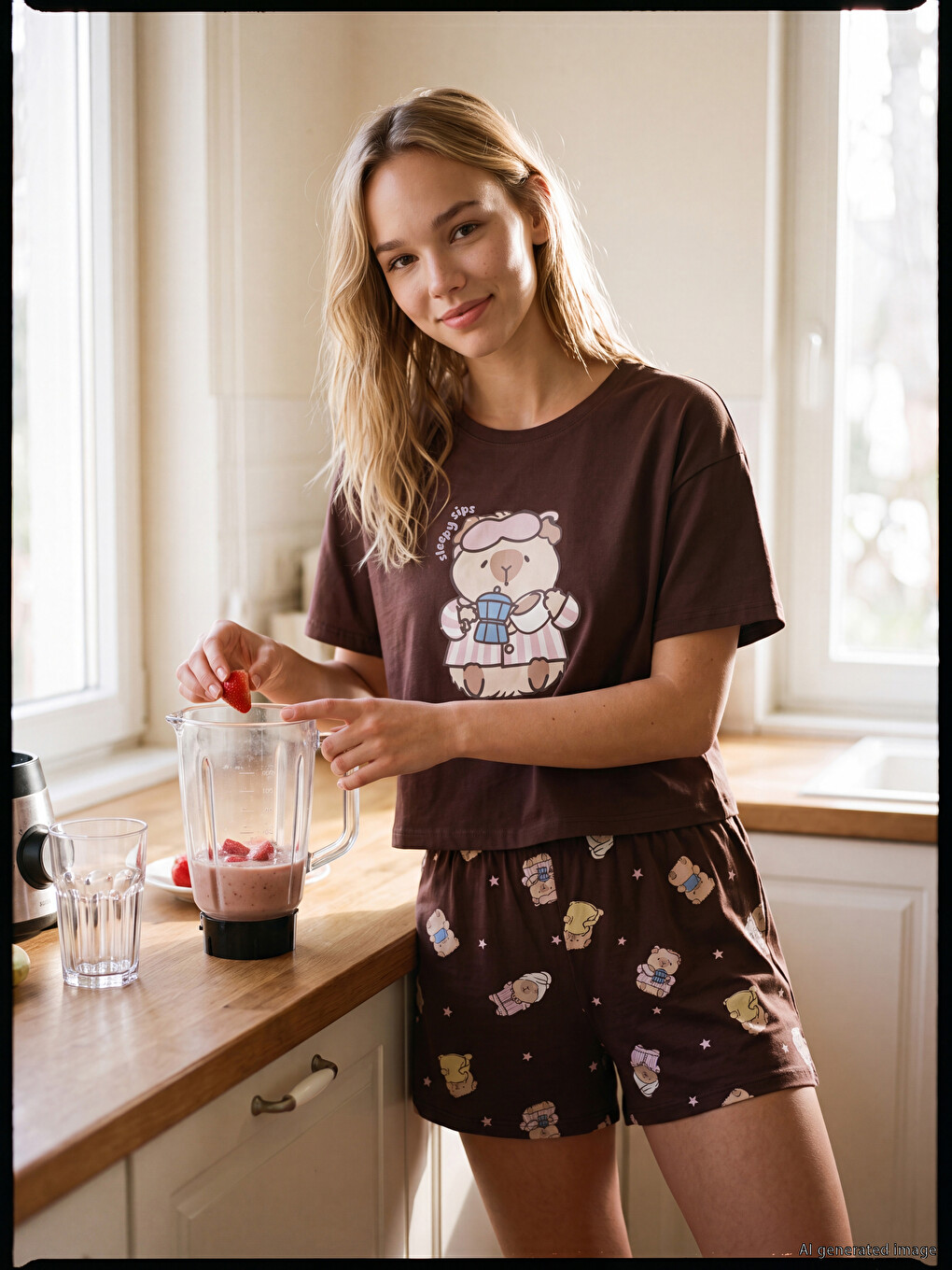 Kahverengi Baskılı %100 Pamuklu Kadın Şortlu Pijama Takımı
