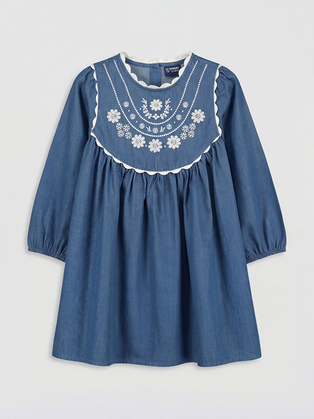Mavi Bebe Yaka Çiçek Nakışlı Kız Çocuk Elbise