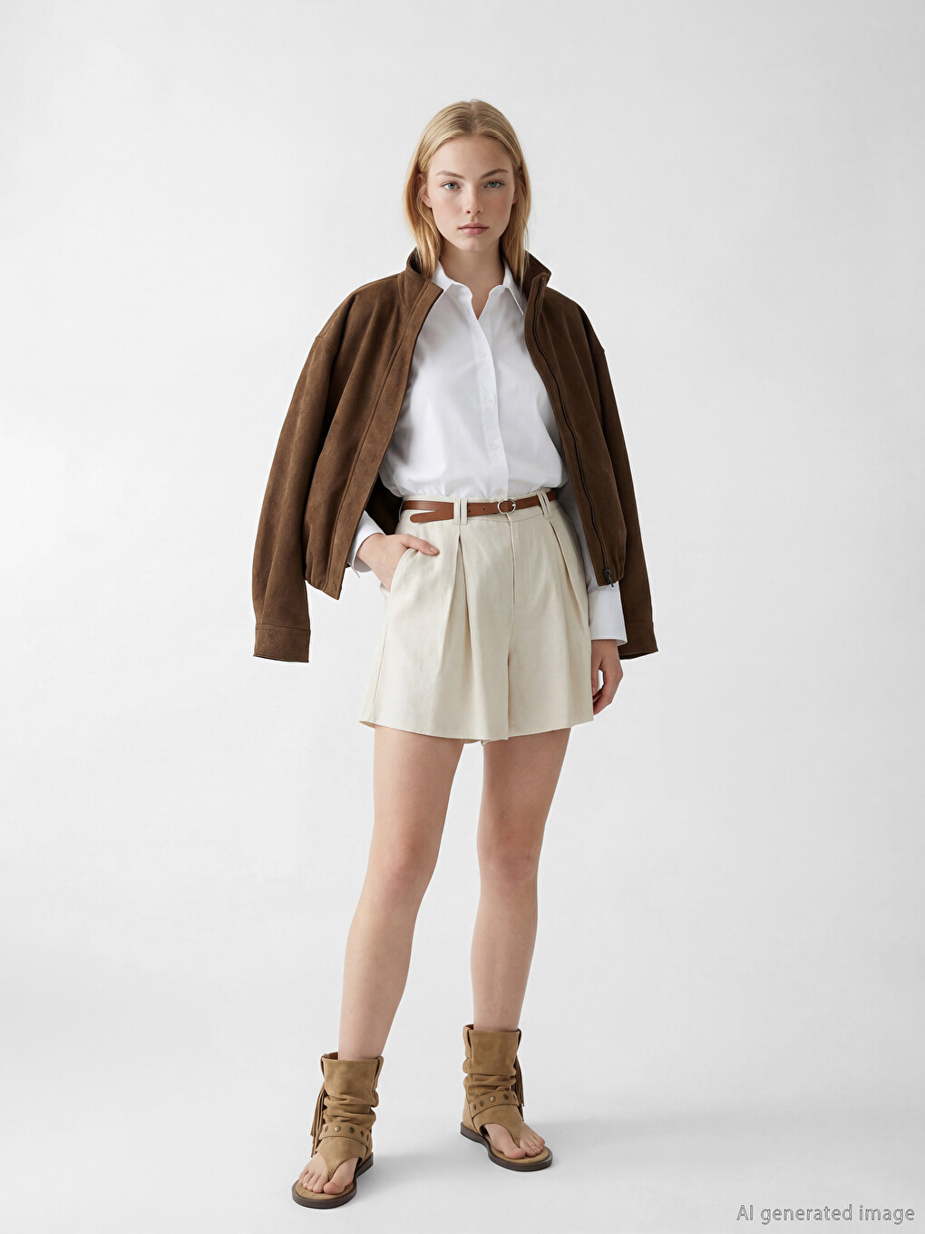 Belted Linen Blend Women's Pleated Shorts
