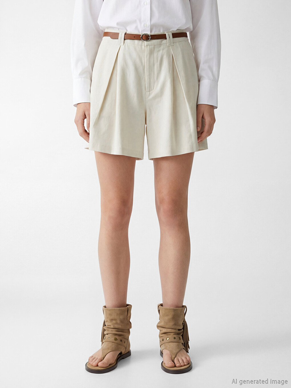 Belted Linen Blend Women's Pleated Shorts-1