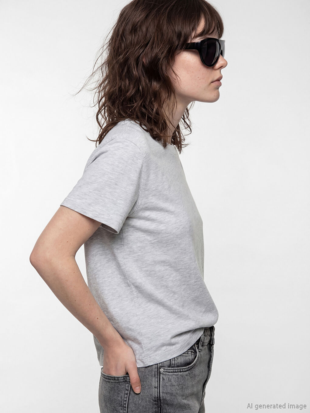 Gri Bisiklet Yaka Kadın Tişört	