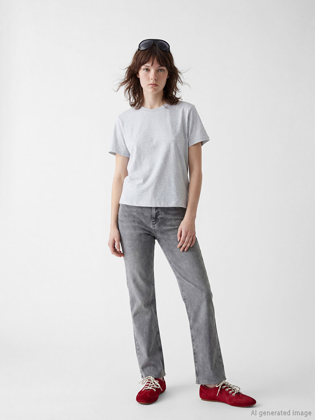 Gri Bisiklet Yaka Kadın Tişört	-1