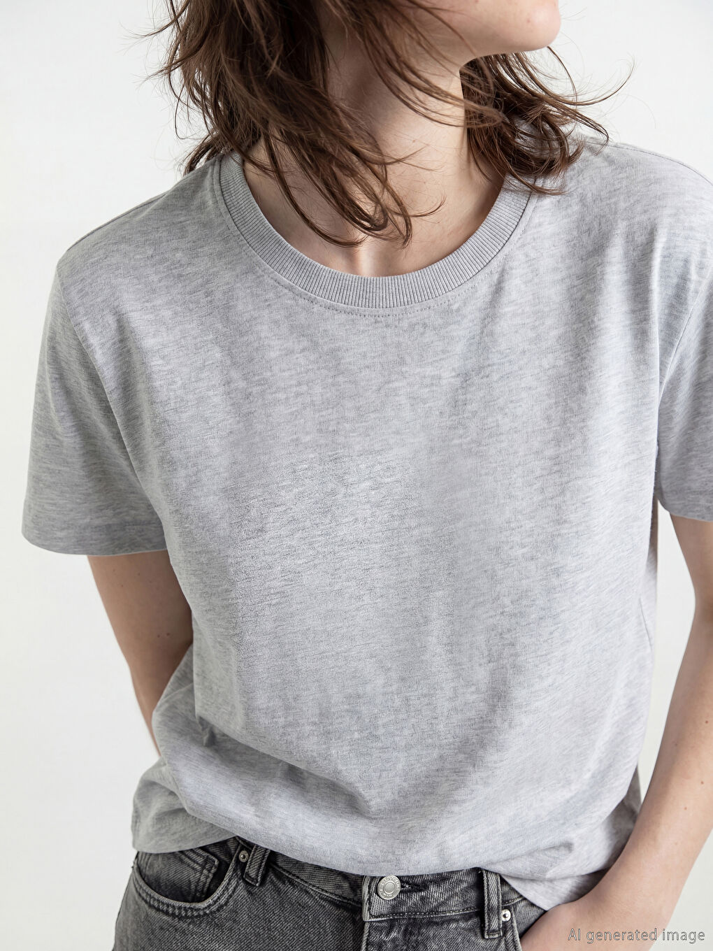 Gri Bisiklet Yaka Kadın Tişört	-2