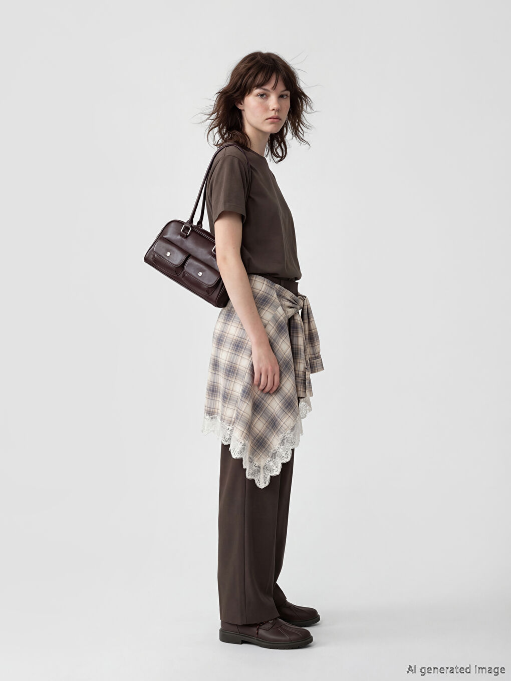 Kahverengi Bisiklet Yaka Kadın Tişört	-1