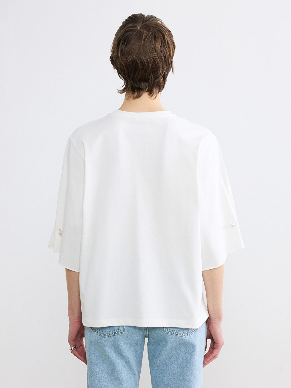 Ekru Bisiklet Yaka İnci Detaylı Bluz-3