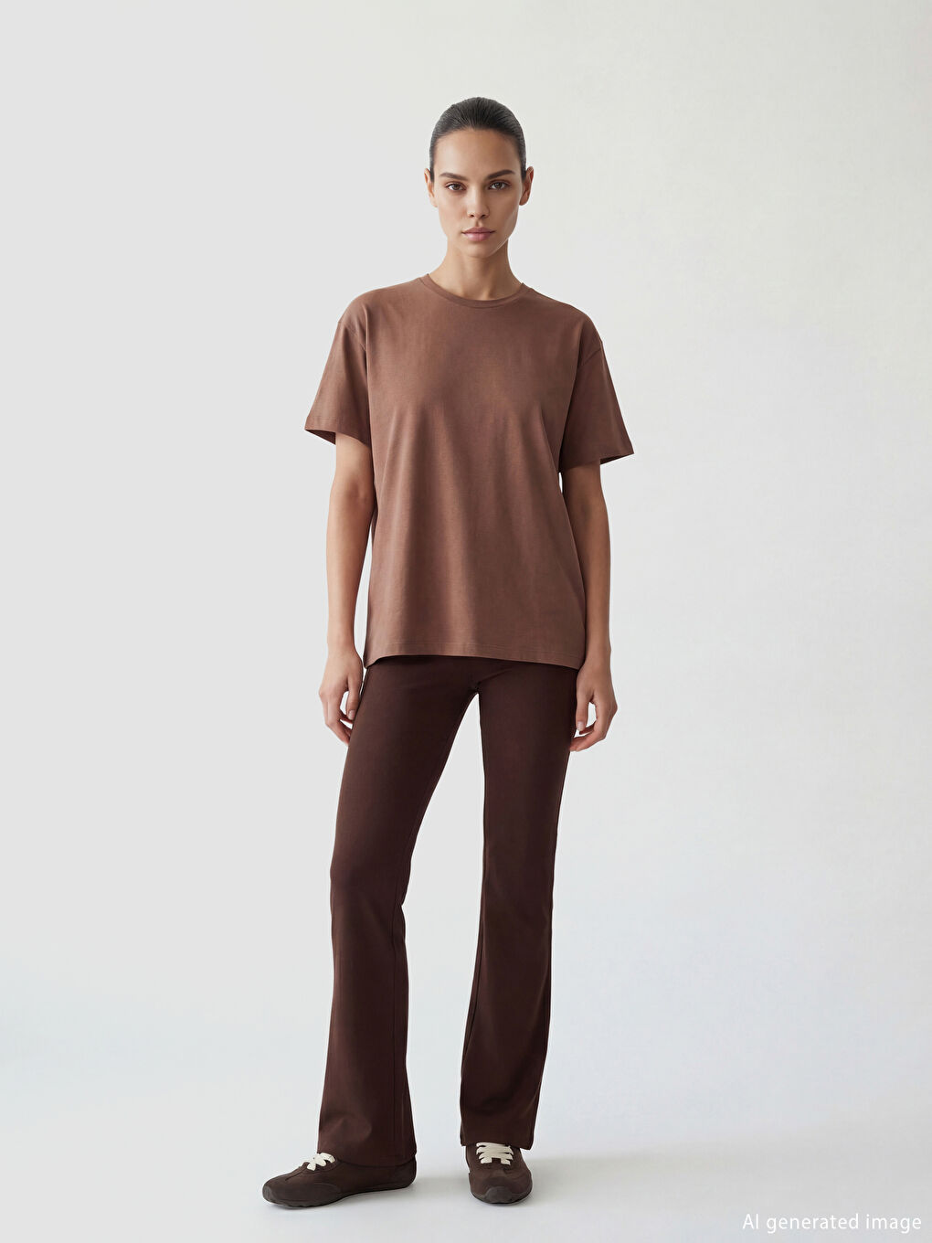 Kahverengi Bisiklet Yaka Baskılı Oversize Kadın Spor Tişört-1