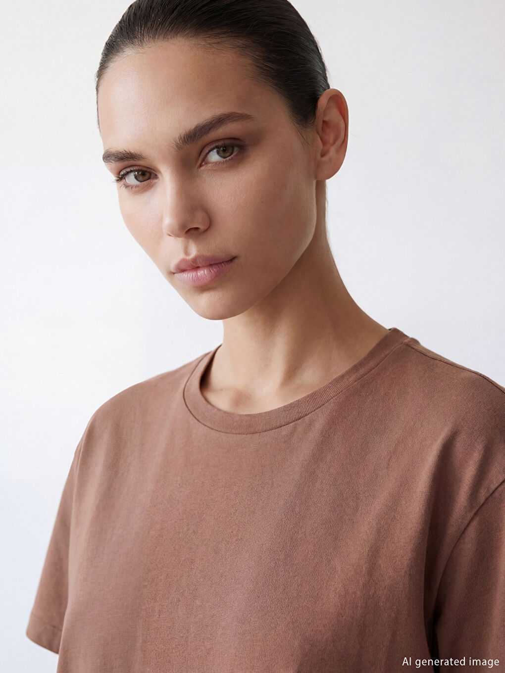 Kahverengi Bisiklet Yaka Baskılı Oversize Kadın Spor Tişört-2