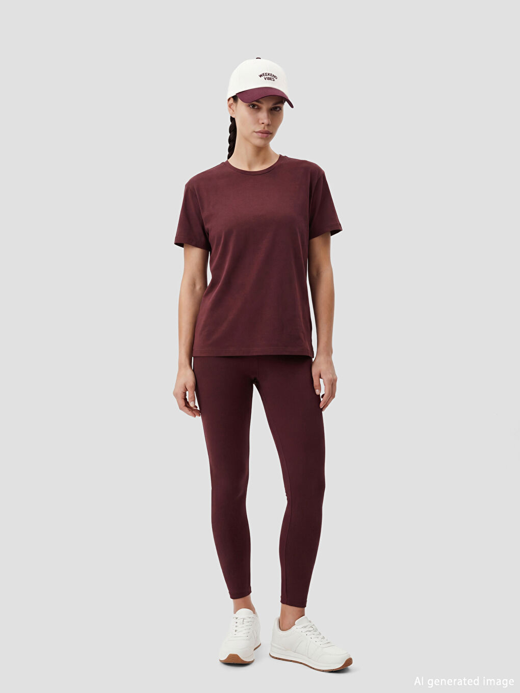 Bordo Bisiklet Yaka Baskılı Oversize Kadın Spor Tişört-1