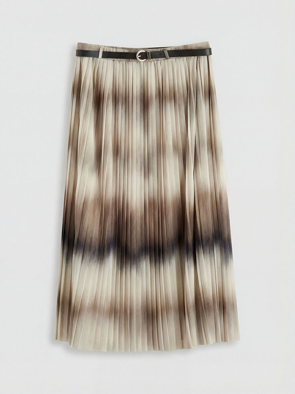 Kahverengi Beli Kemerli Desenli Pileli Etek