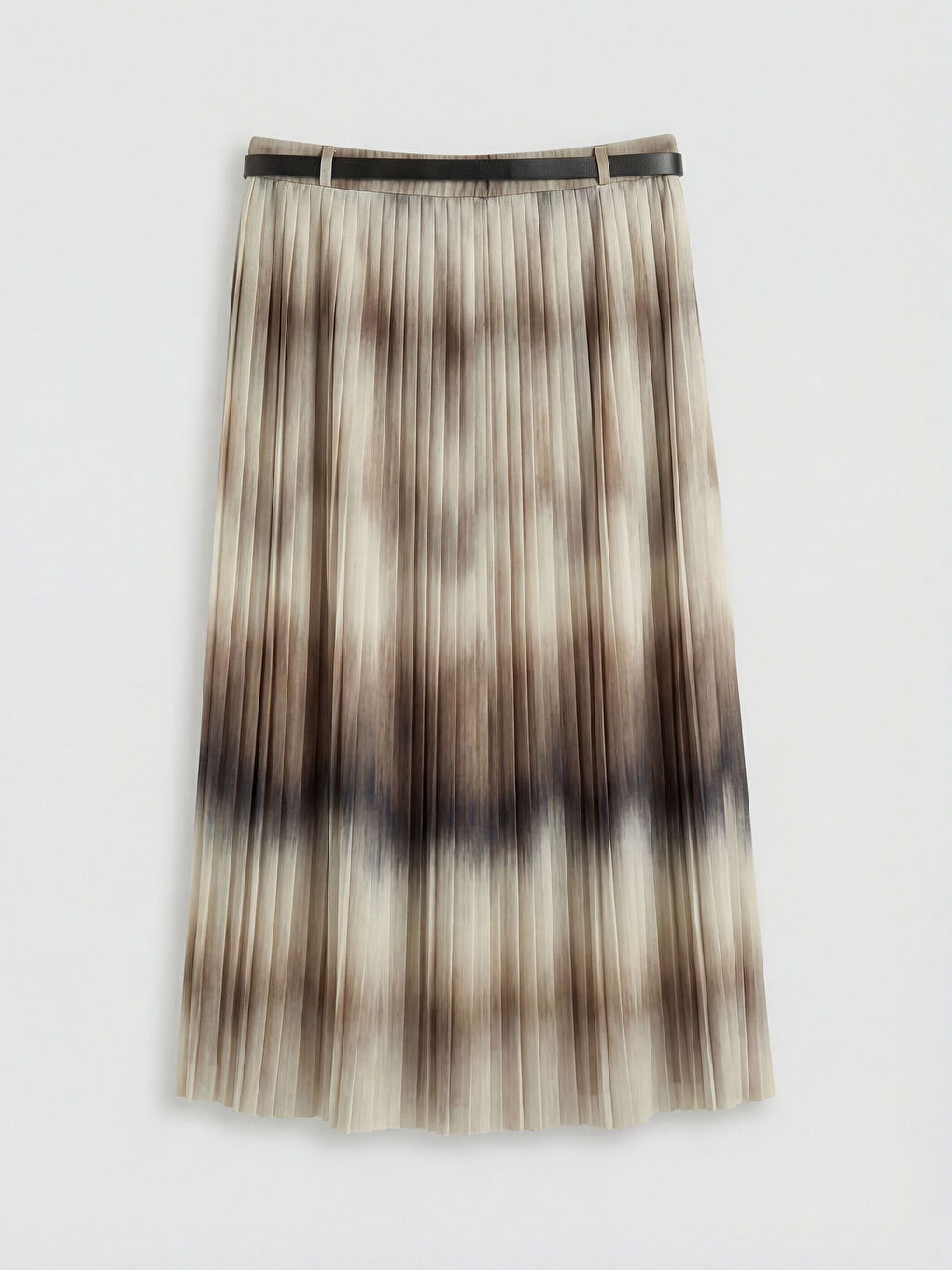 Kahverengi Beli Kemerli Desenli Pileli Etek-1