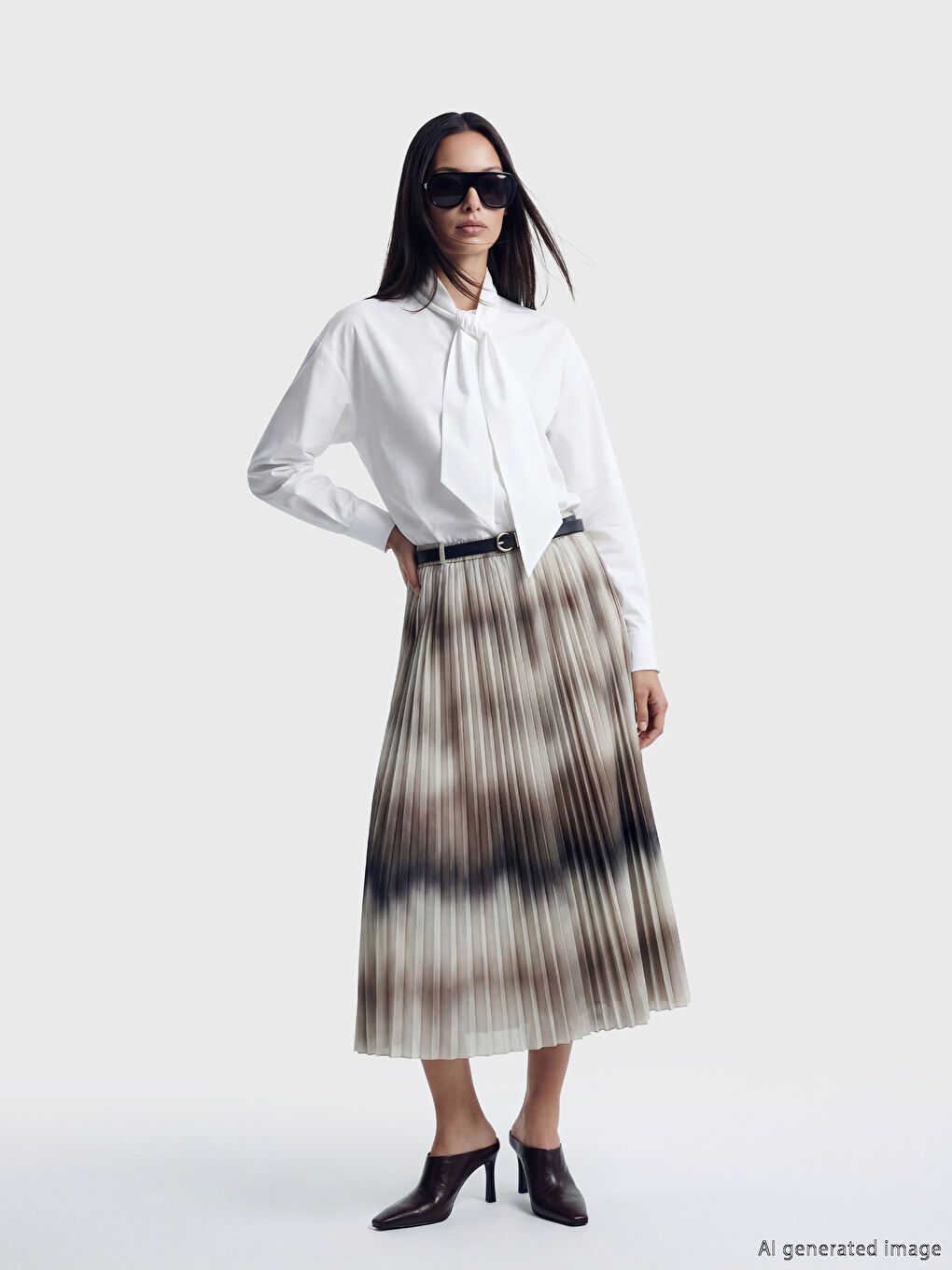 Kahverengi Beli Kemerli Desenli Pileli Etek