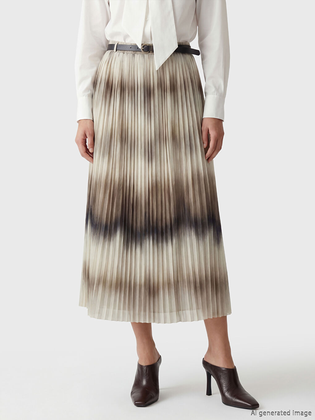 Kahverengi Beli Kemerli Desenli Pileli Etek-1