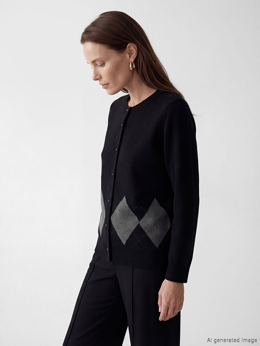 Antrasit Bisiklet Yaka Baklava Desenli Kadın Triko Hırka