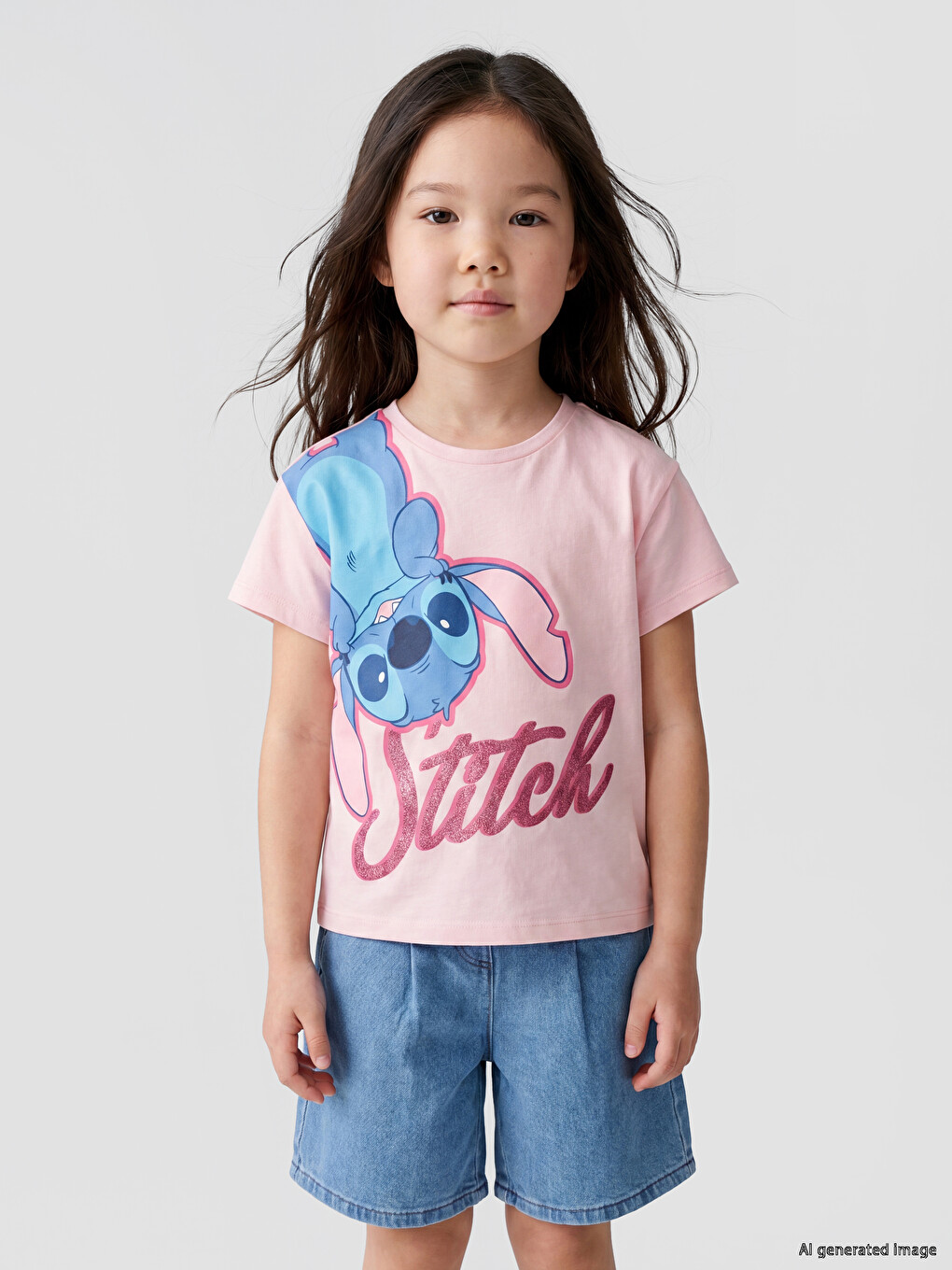 Crew Neck Lilo & Stitch Printed Girls' T-shirt