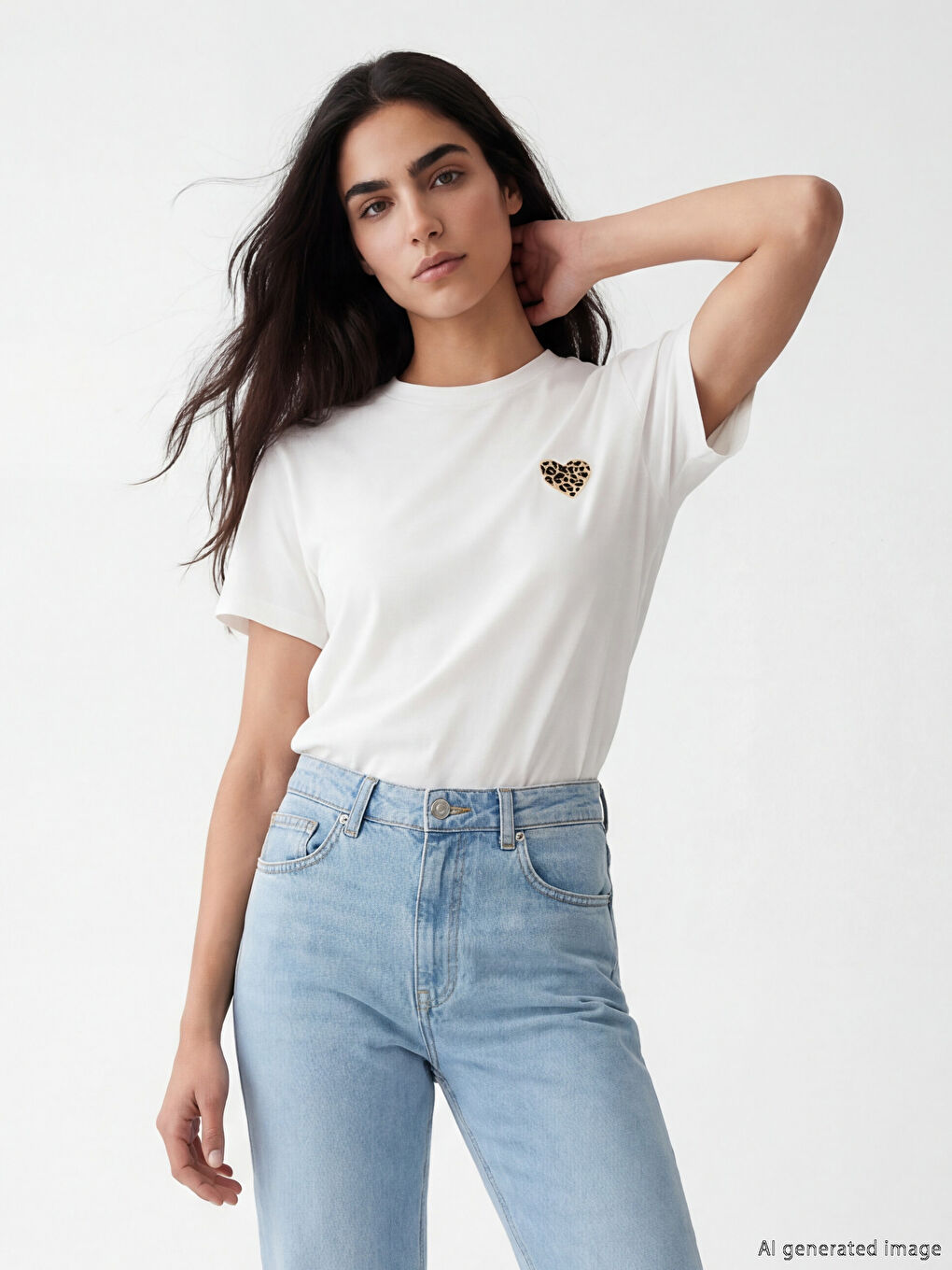 Crew Neck Leopard Heart Print Women's T-Shirt