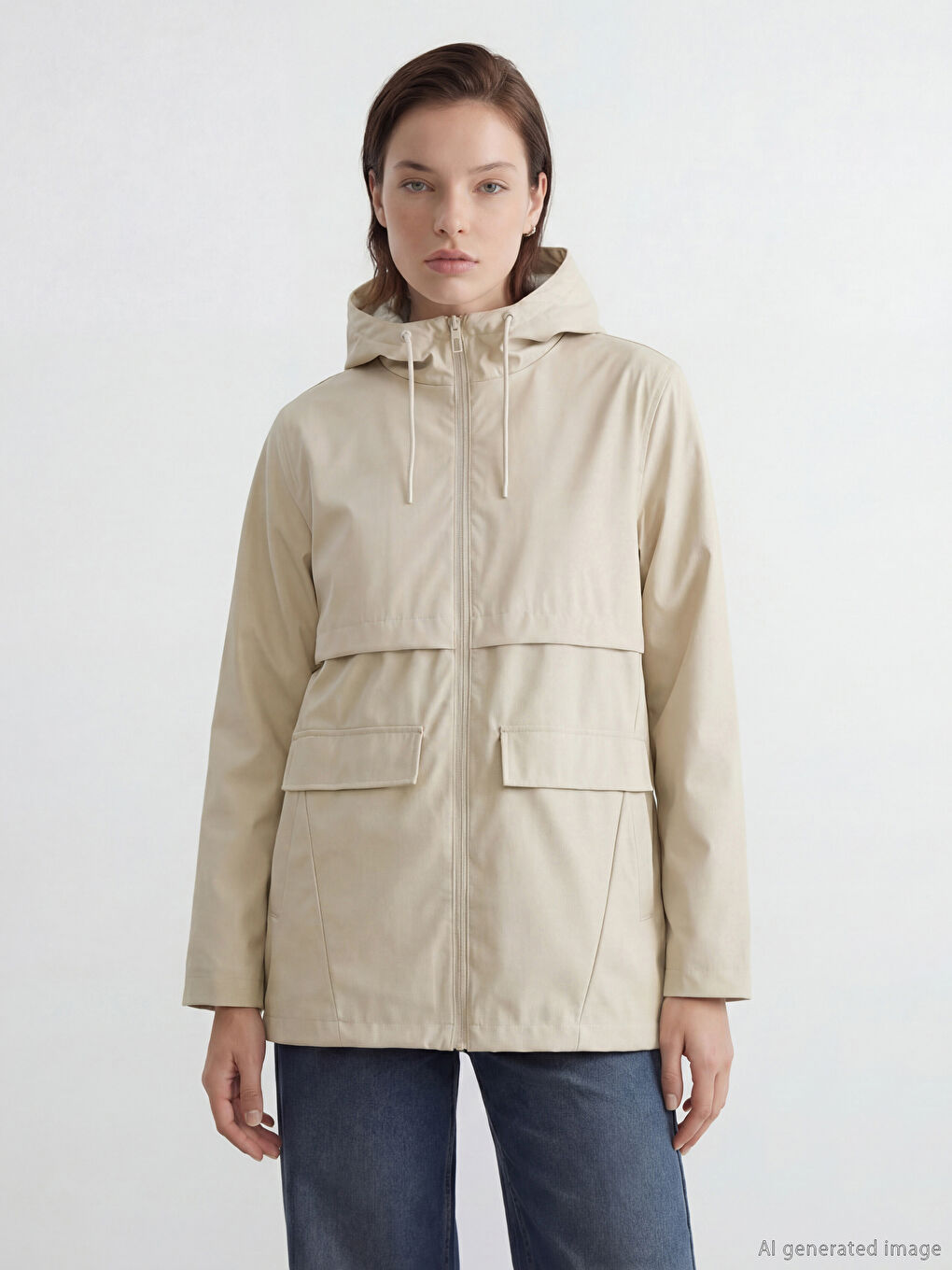 Bej Kapüşonlu Kadın Yağmurluk