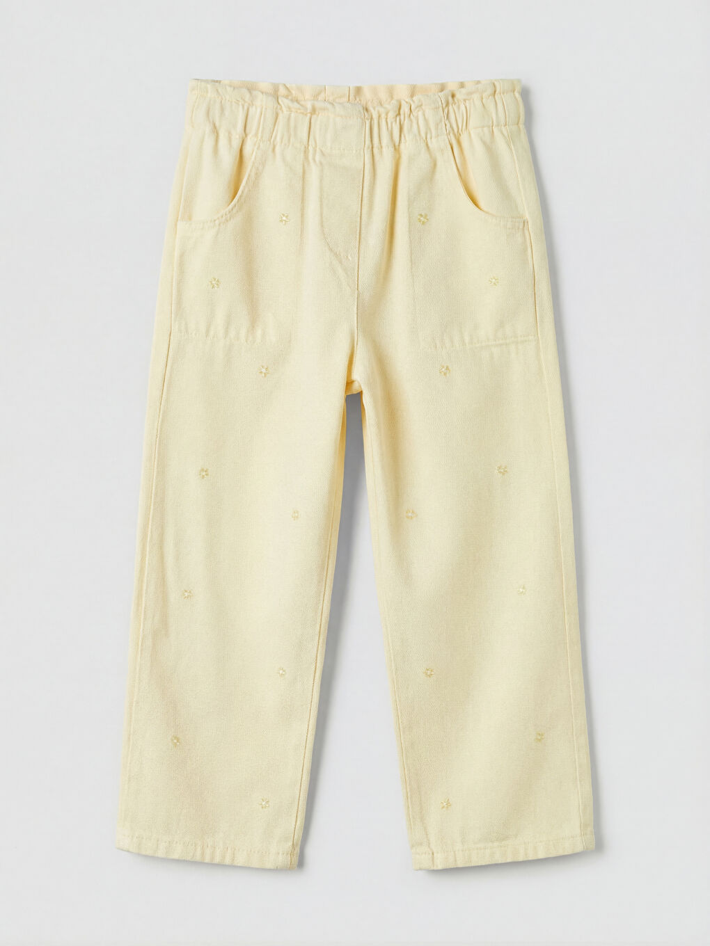 Sarı Regular Fit Kız Çocuk Nakışlı Gabardin Pantolon