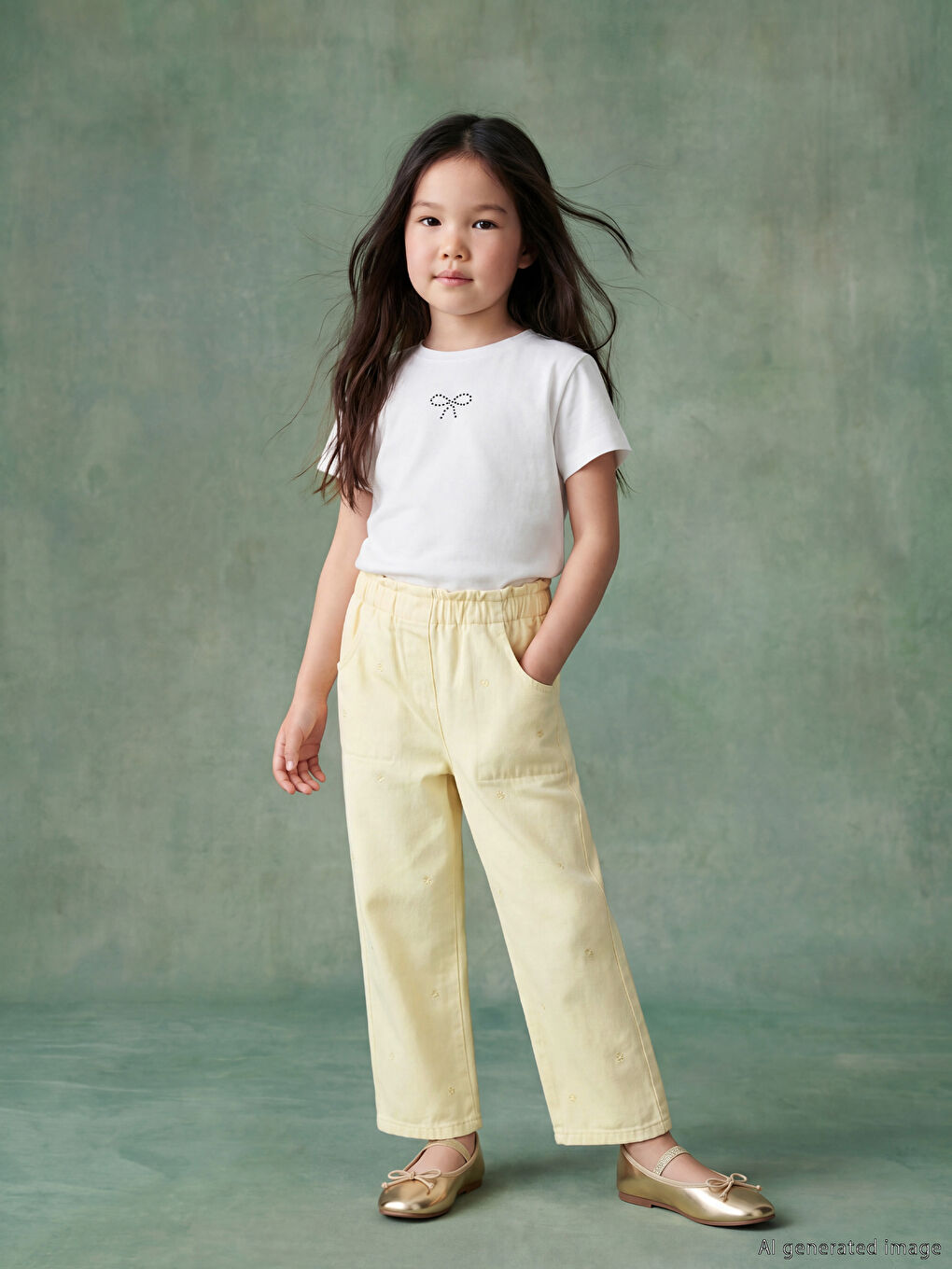 Sarı Regular Fit Kız Çocuk Nakışlı Gabardin Pantolon