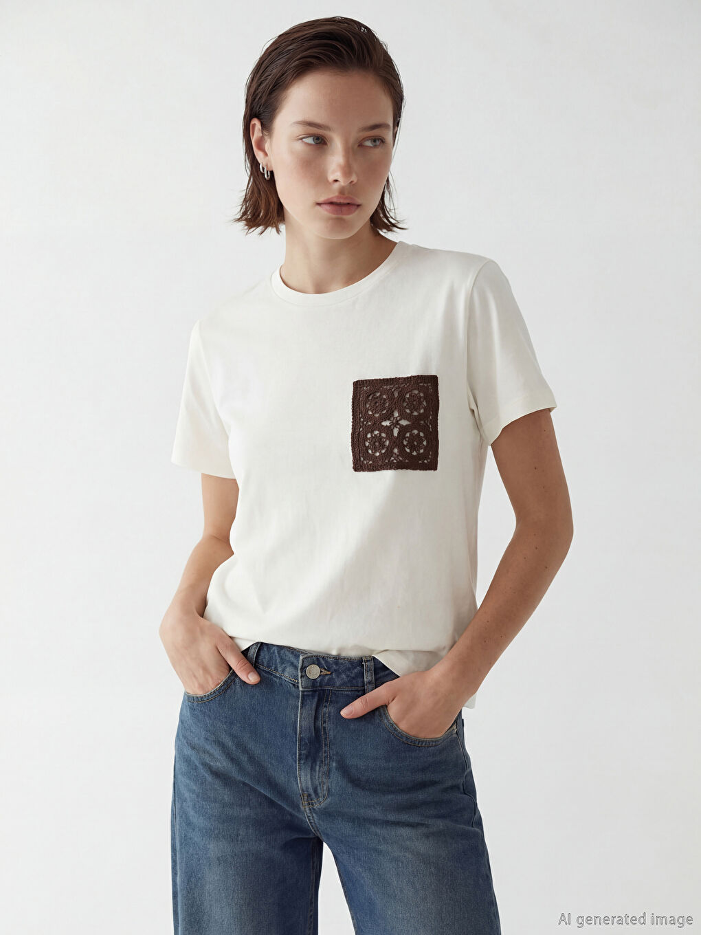 Ekru Bisiklet Yaka Nakışlı Kadın Tişört