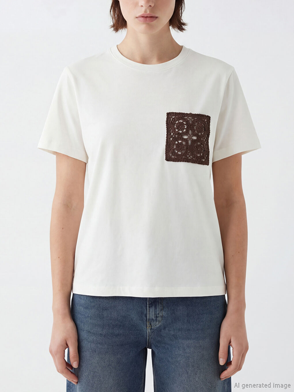 Ekru Bisiklet Yaka Nakışlı Kadın Tişört-2