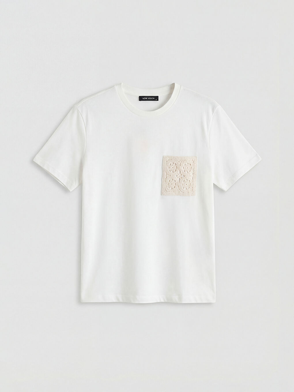 Ekru Bisiklet Yaka Nakışlı Kadın Tişört