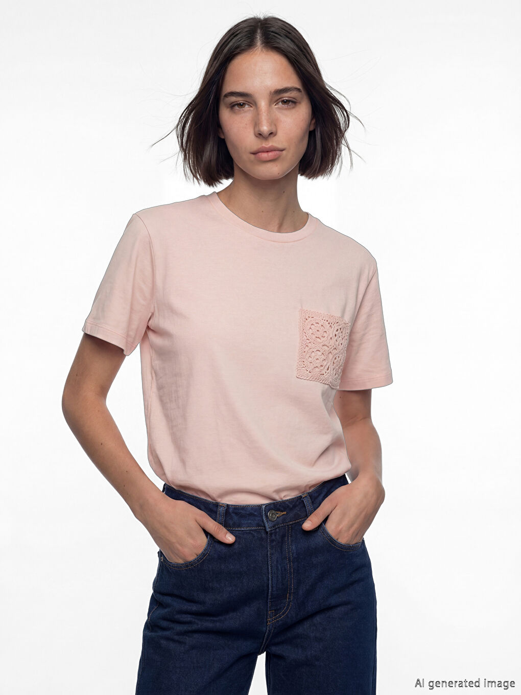 Pembe Bisiklet Yaka Nakışlı Kadın Tişört