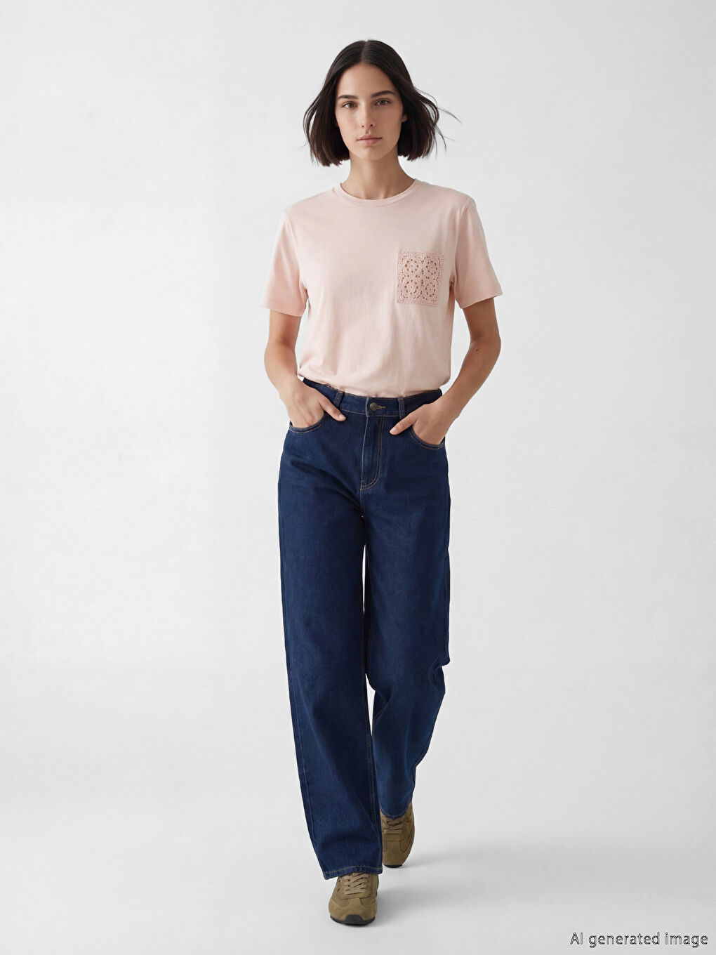 Pembe Bisiklet Yaka Nakışlı Kadın Tişört-1