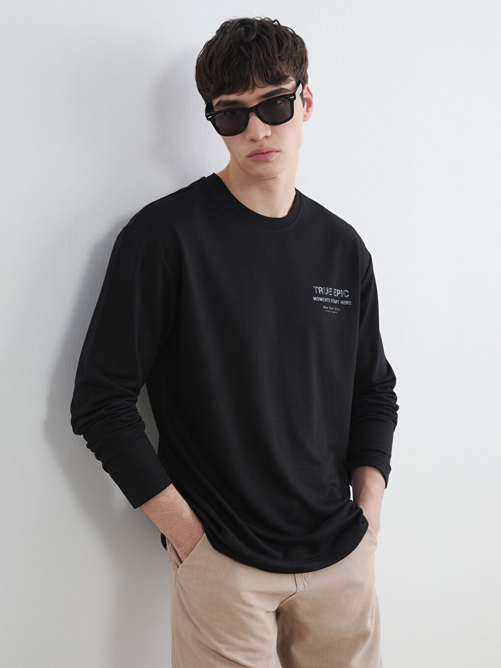 Siyah Bisiklet Yaka NYC Baskılı Erkek Sweatshirt