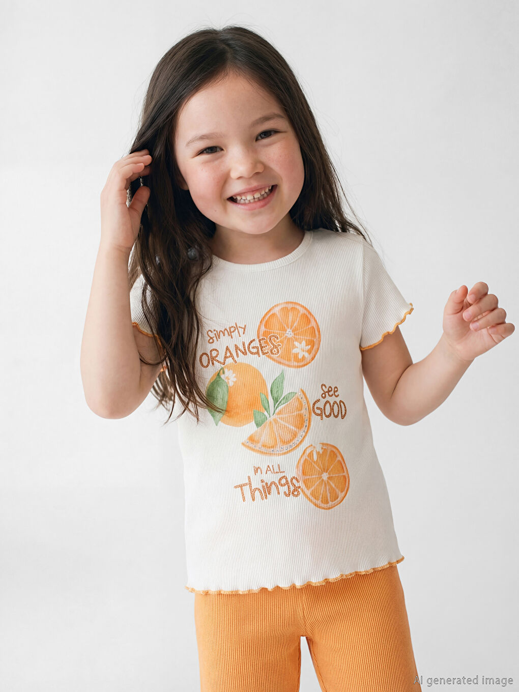 Ekru Baskılı Kız Çocuk Tişört ve Tayt-1