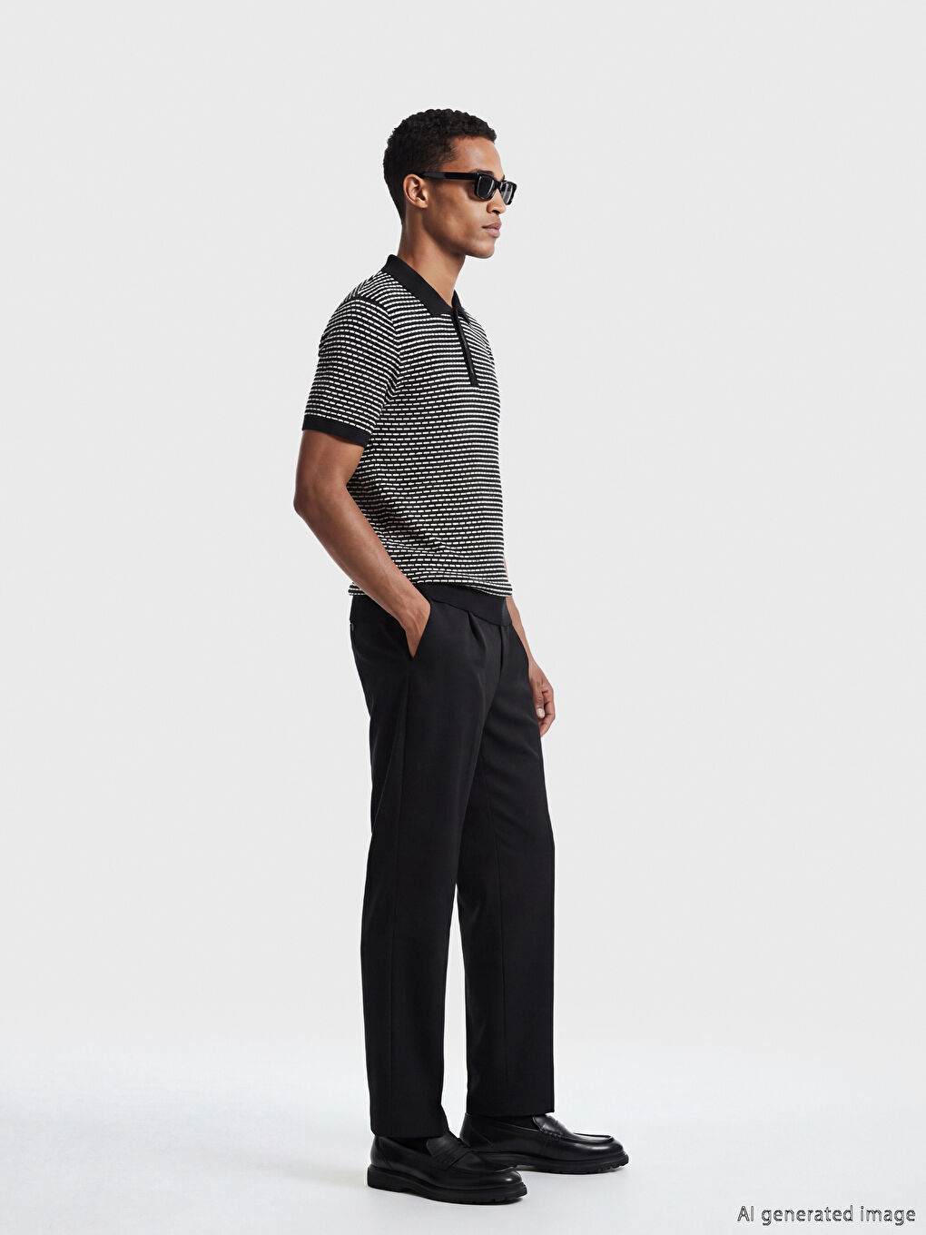 Siyah Polo Yaka Desenli Erkek Triko Tişört-1