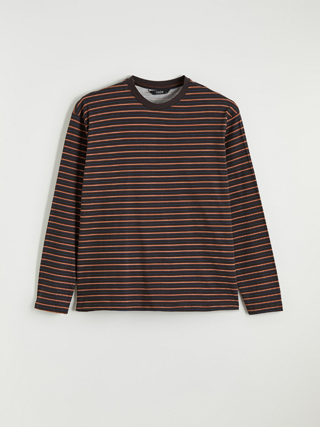 Kahverengi Bisiklet Yaka Uzun Kollu Çizgili Erkek Tişört