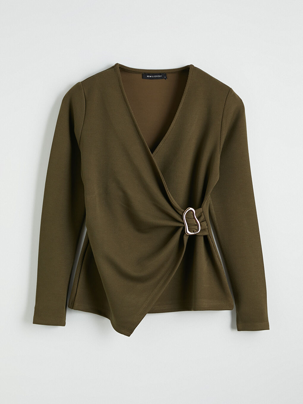 Haki Kruvaze Yaka Büzgülü Bluz