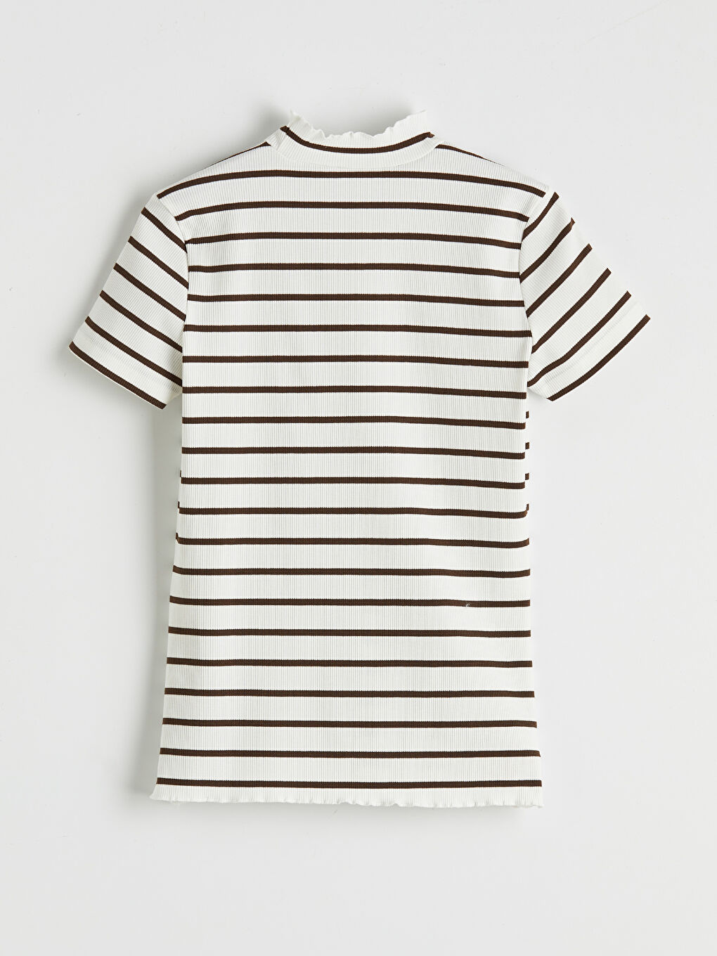 Kahverengi Fırfırlı Dik Yaka Çizgili Kadın Tişört-1