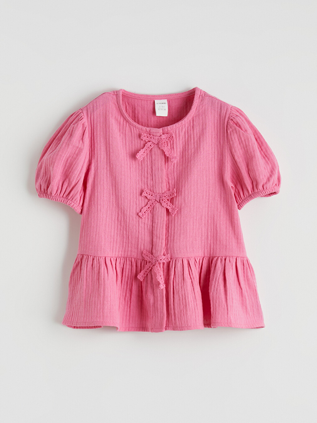 Pembe Fiyonklu Balon Kollu Kız Çocuk Peplum Bluz