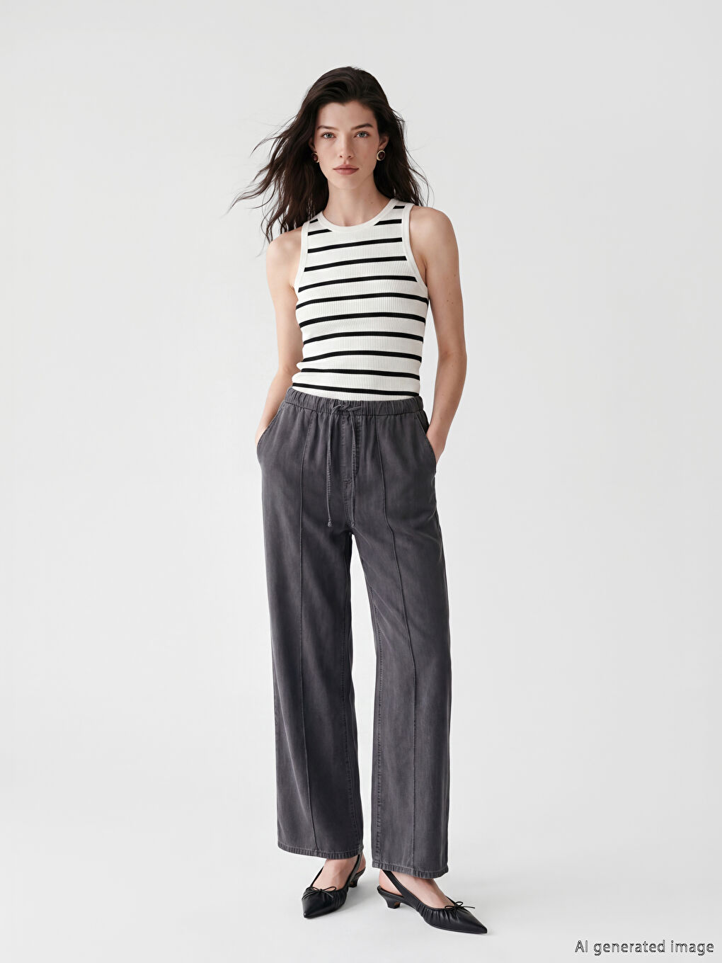 Gri Beli Lastikli Wideleg Kadın Jean Pantolon