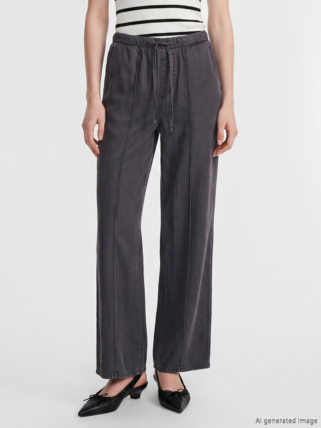 Gri Beli Lastikli Wideleg Kadın Jean Pantolon-1