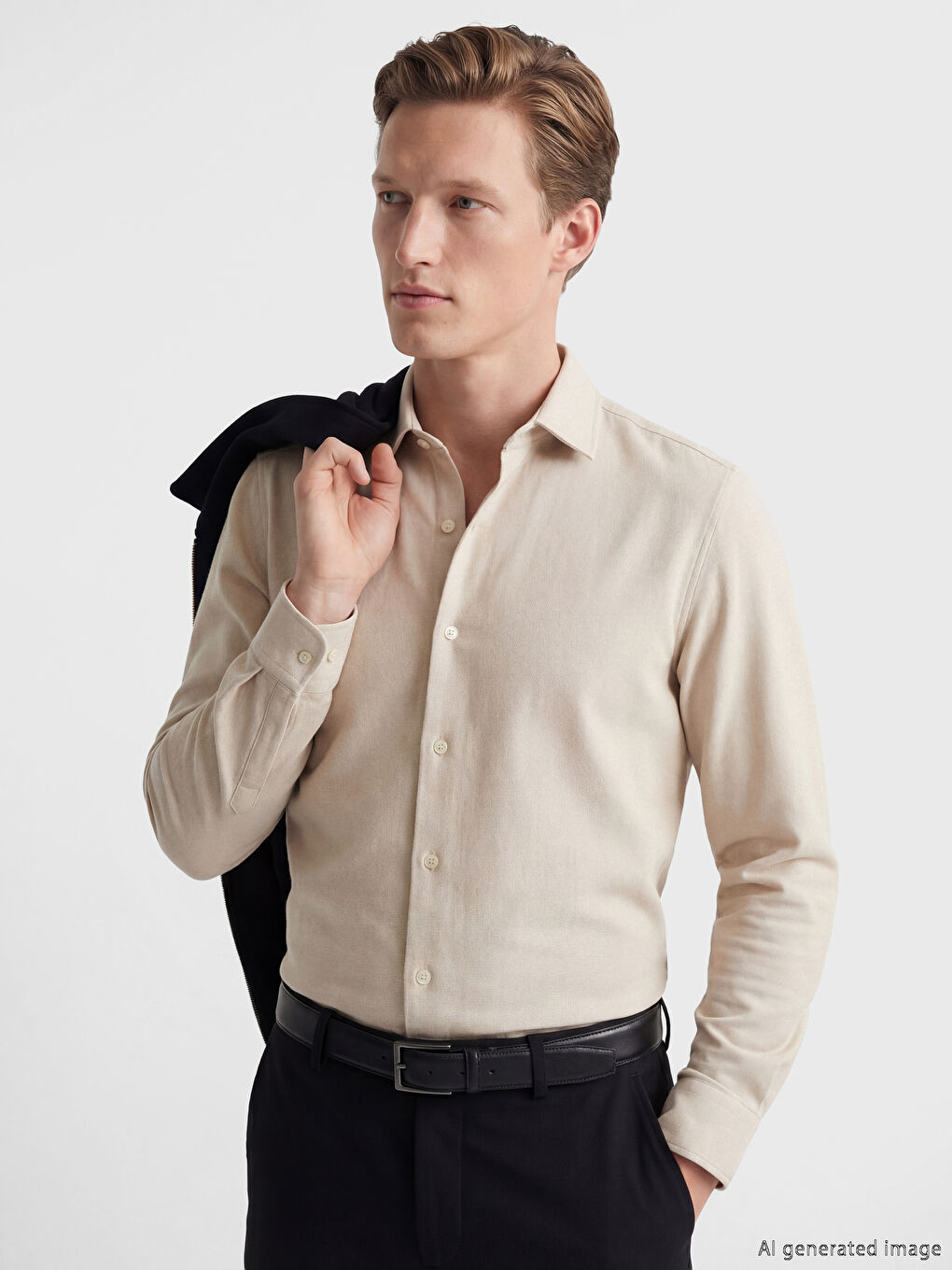 Bej Slim Fit Erkek Oxford Gömlek