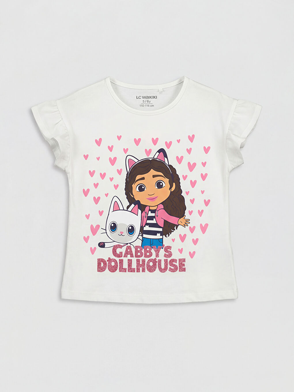 Ekru Bisiklet Yaka Gabby's Dollhouse Baskılı Kız Çocuk Tişört