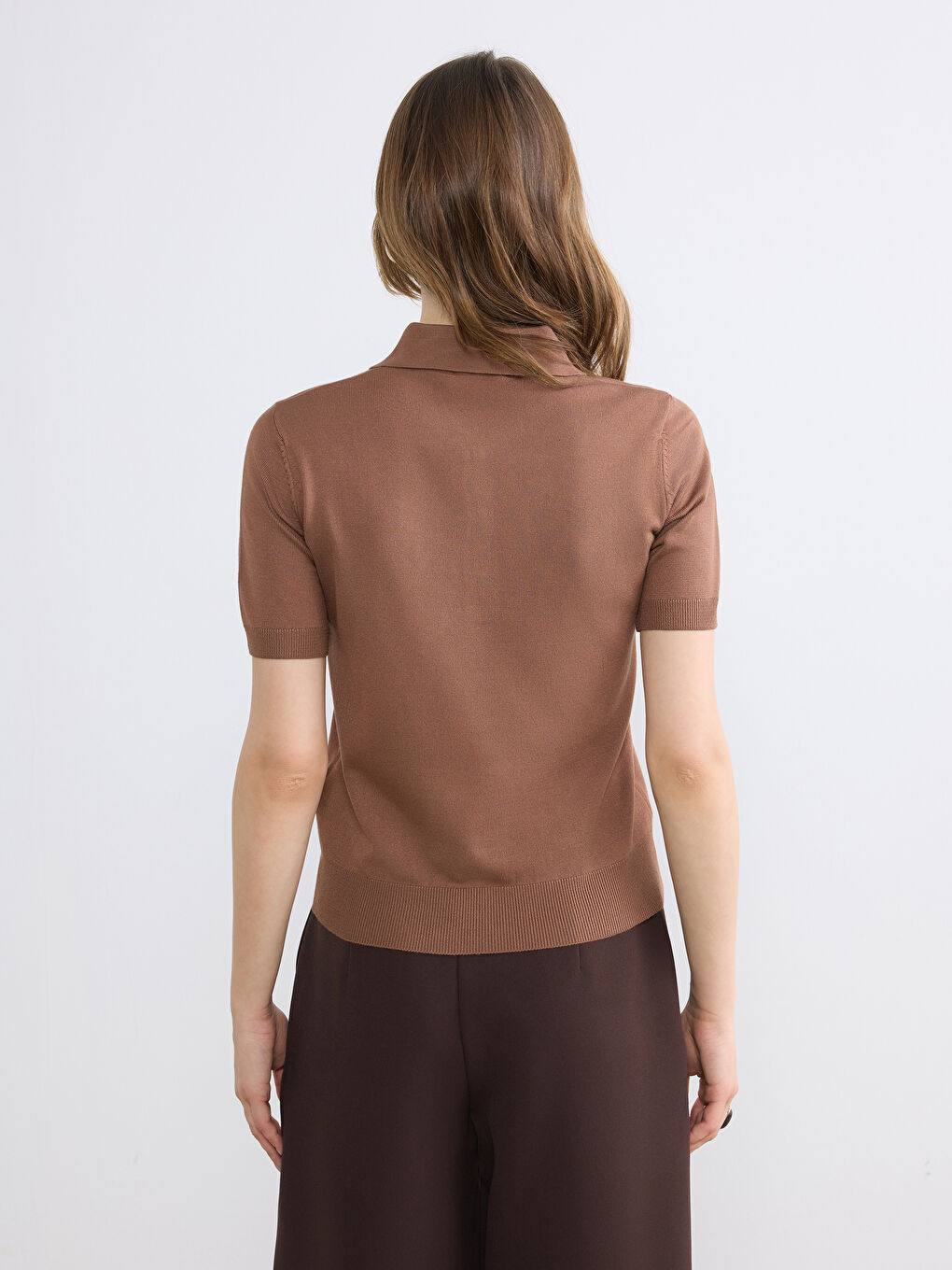 Kahverengi Polo Yaka Kadın Triko Kazak-3