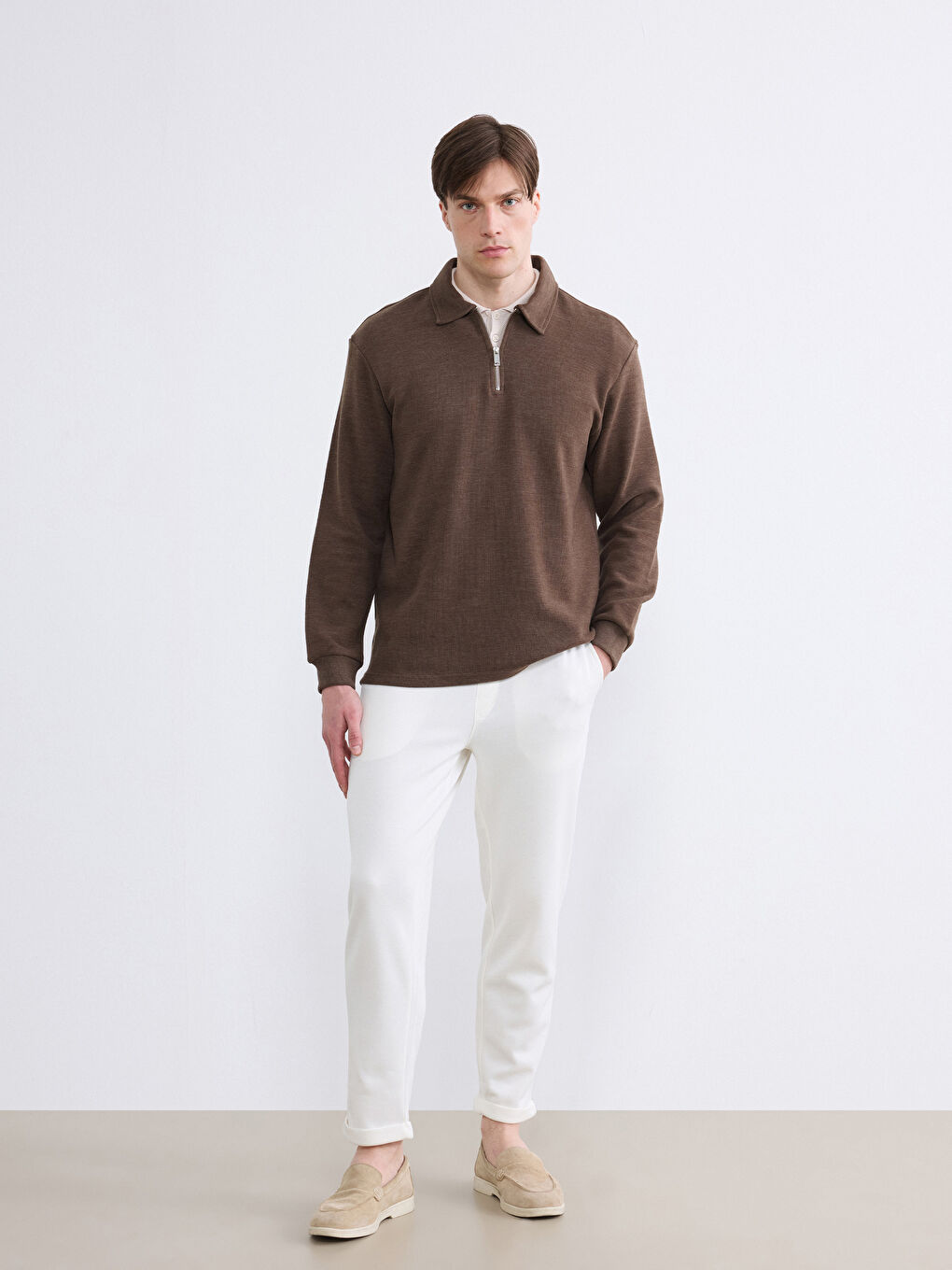 Kahverengi Polo Yaka Erkek Sweatshirt-1