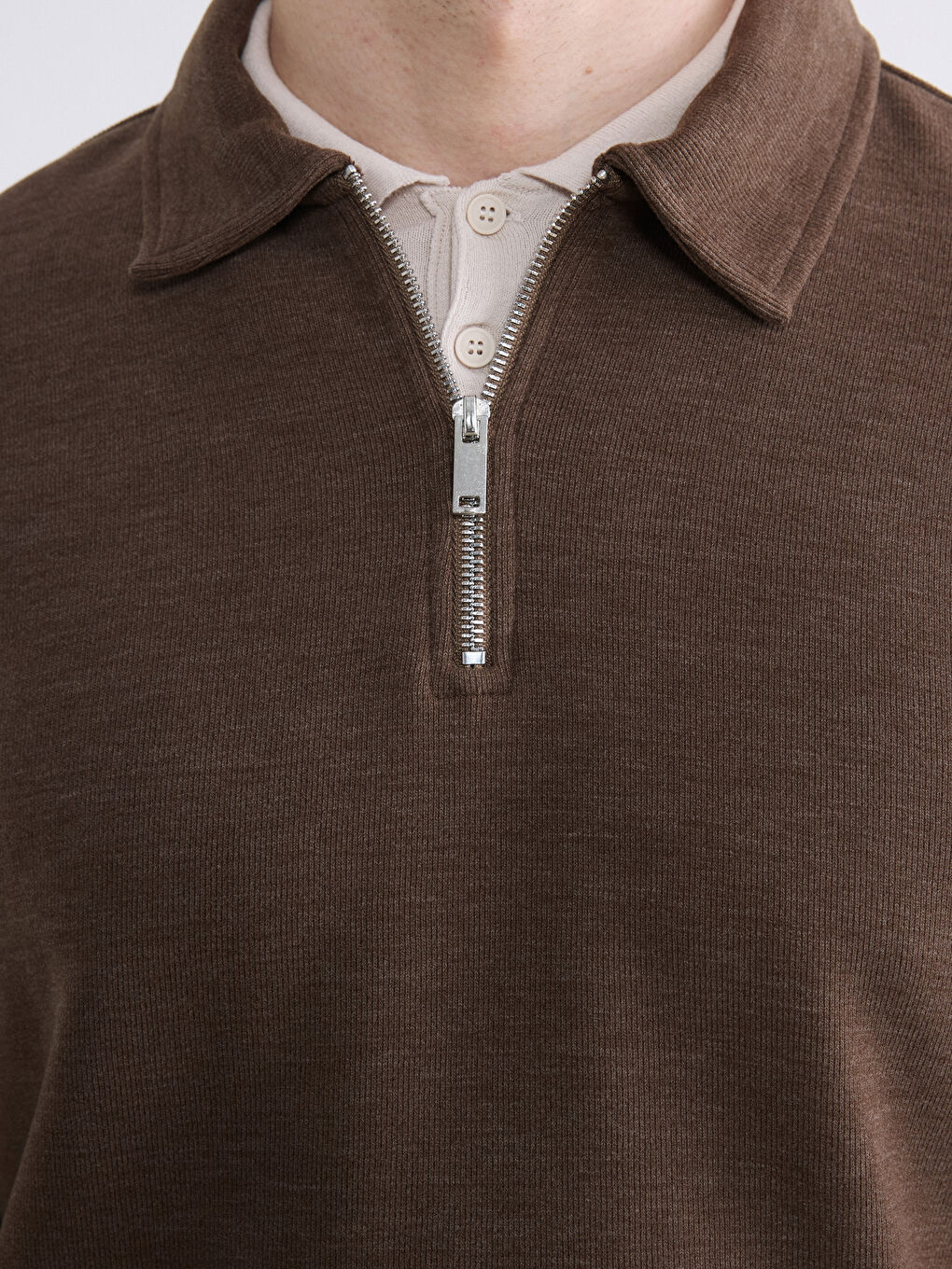 Kahverengi Polo Yaka Erkek Sweatshirt-2
