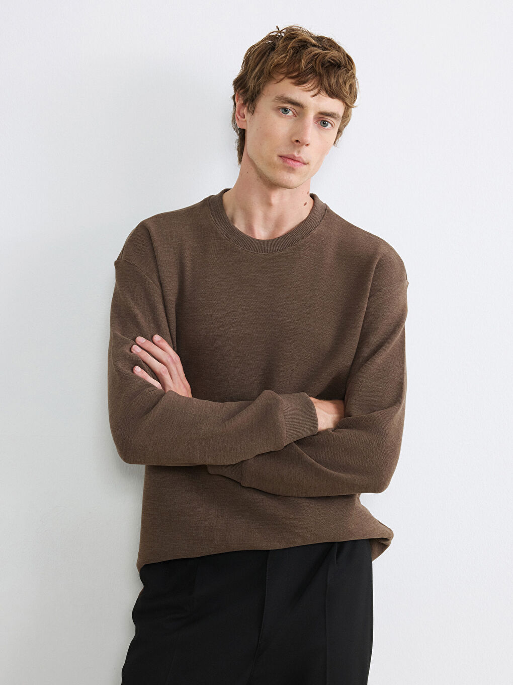 Kahverengi Bisiklet Yaka Erkek Sweatshirt