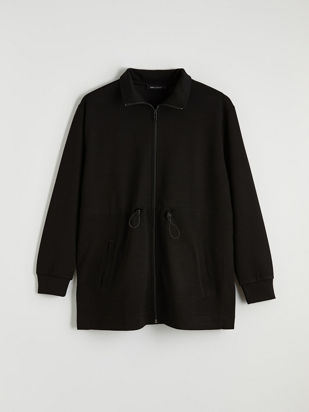 Siyah Dik Yaka Büzgülü Kadın Fermuarlı Sweatshirt	