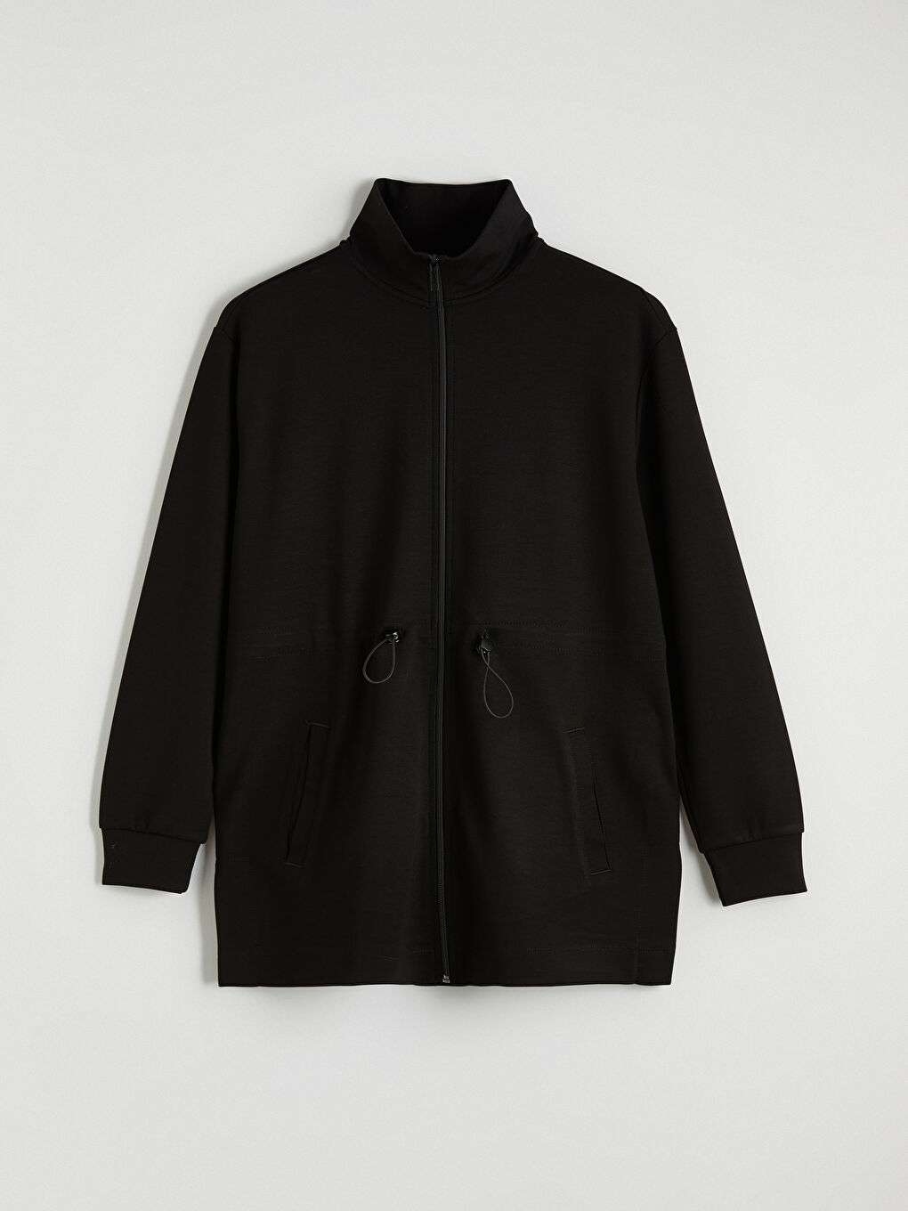 Siyah Dik Yaka Büzgülü Kadın Fermuarlı Sweatshirt	-1