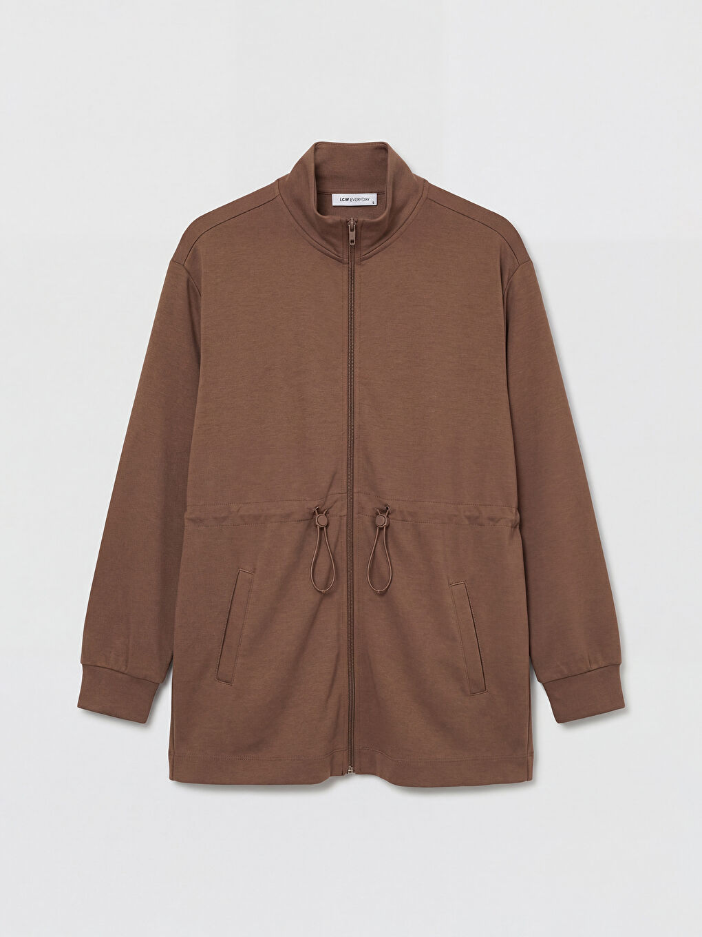 Kahverengi Dik Yaka Büzgülü Kadın Fermuarlı Sweatshirt	