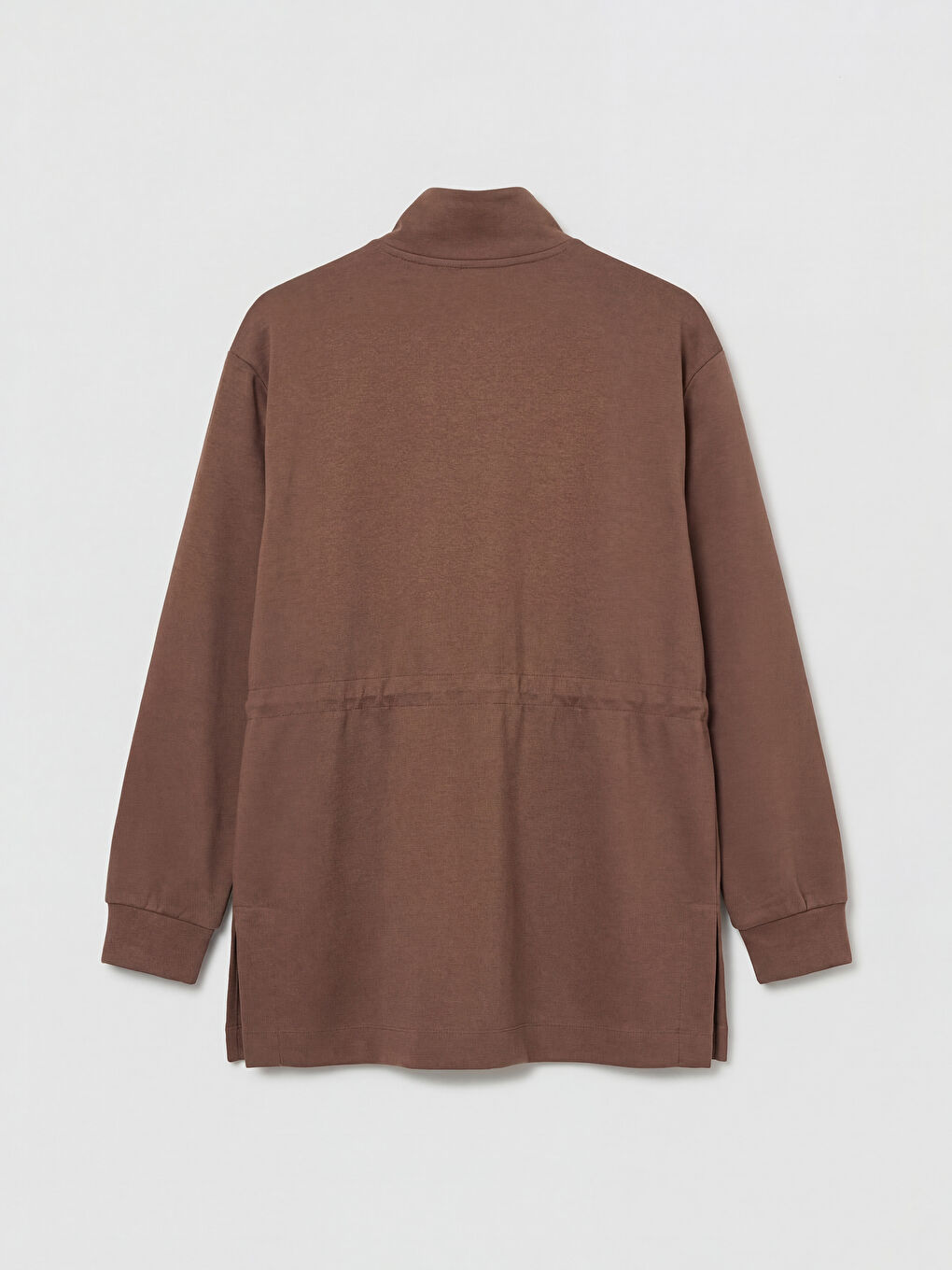Kahverengi Dik Yaka Büzgülü Kadın Fermuarlı Sweatshirt	-1