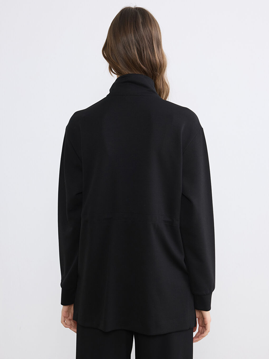 Siyah Dik Yaka Büzgülü Kadın Fermuarlı Sweatshirt	-4